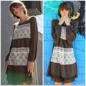 Ryu Brown and White Lace-Panel Mini Dress